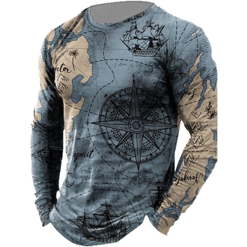 Fashion Nautical Map Pattern T-Shirt For Men Vintage 3D Printed T Shirts Autumn Casual Long Sleeves Loose O-Neck Tops Tees