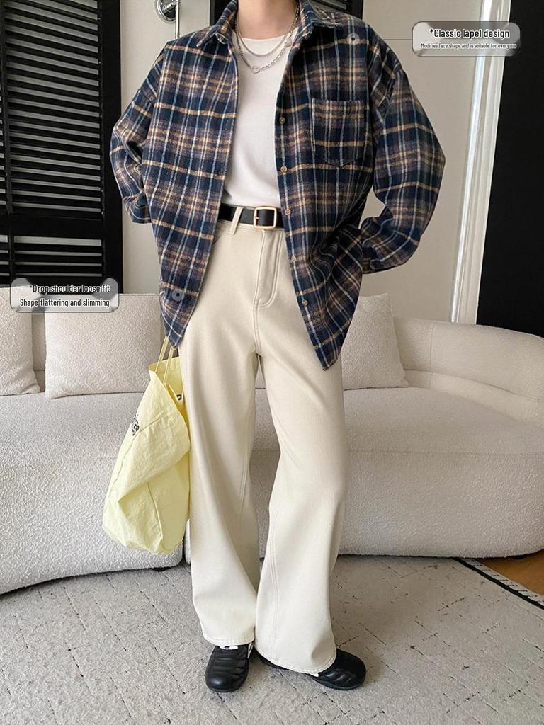 Sinan Fashion Blogger Style Retro Color Block Plaid Woolen Shirt SN8418