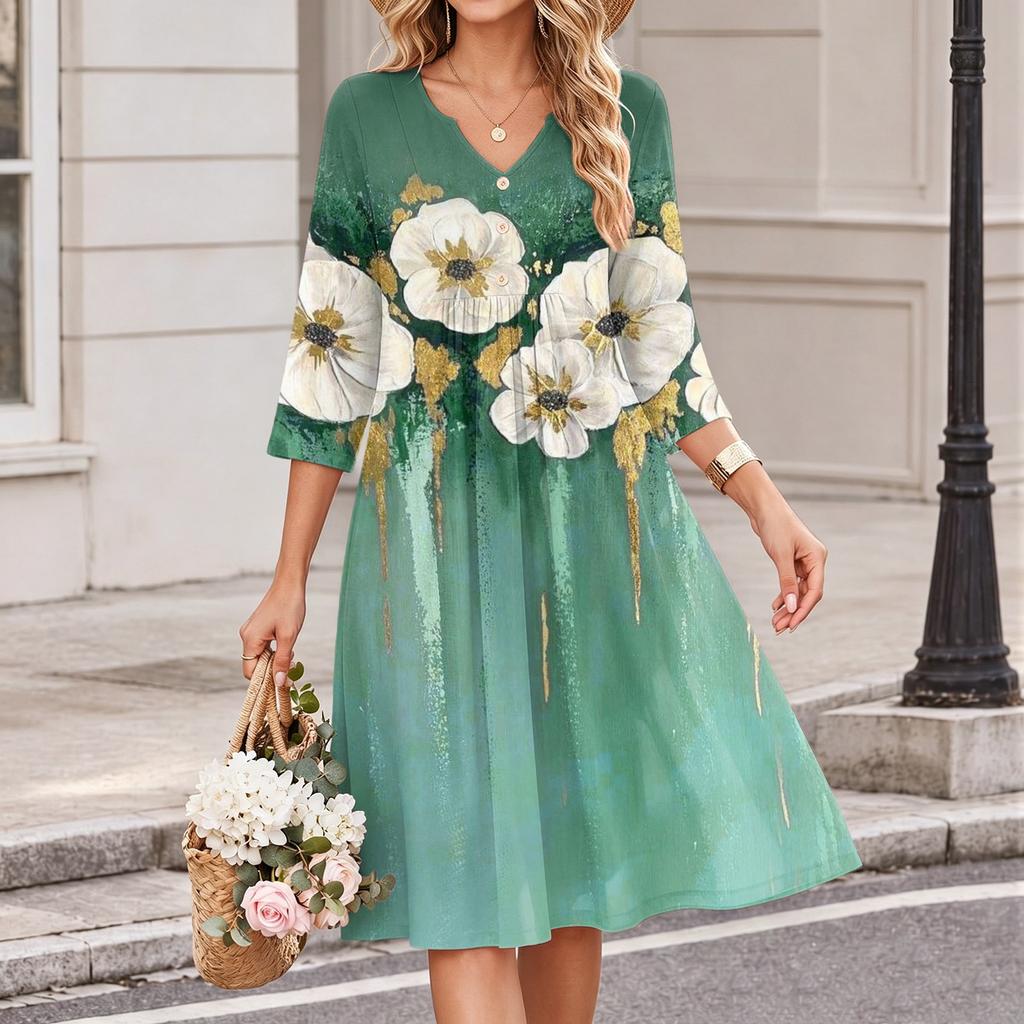 Women's Floral Print V-Neck Casual 3/4 Sleeve Dress