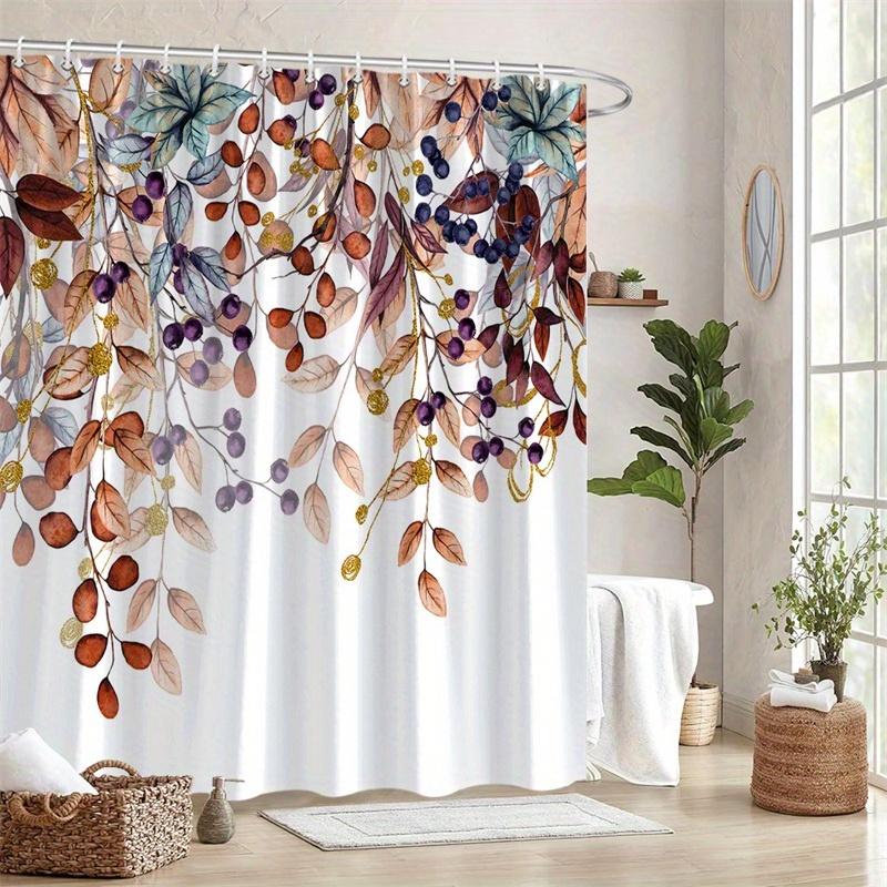 1 Herbstblätter und Beeren Aquarell Duschvorhang - Orange, Braun, Beige und Gold Design, Polyestergewebe, Maschinenwaschbar