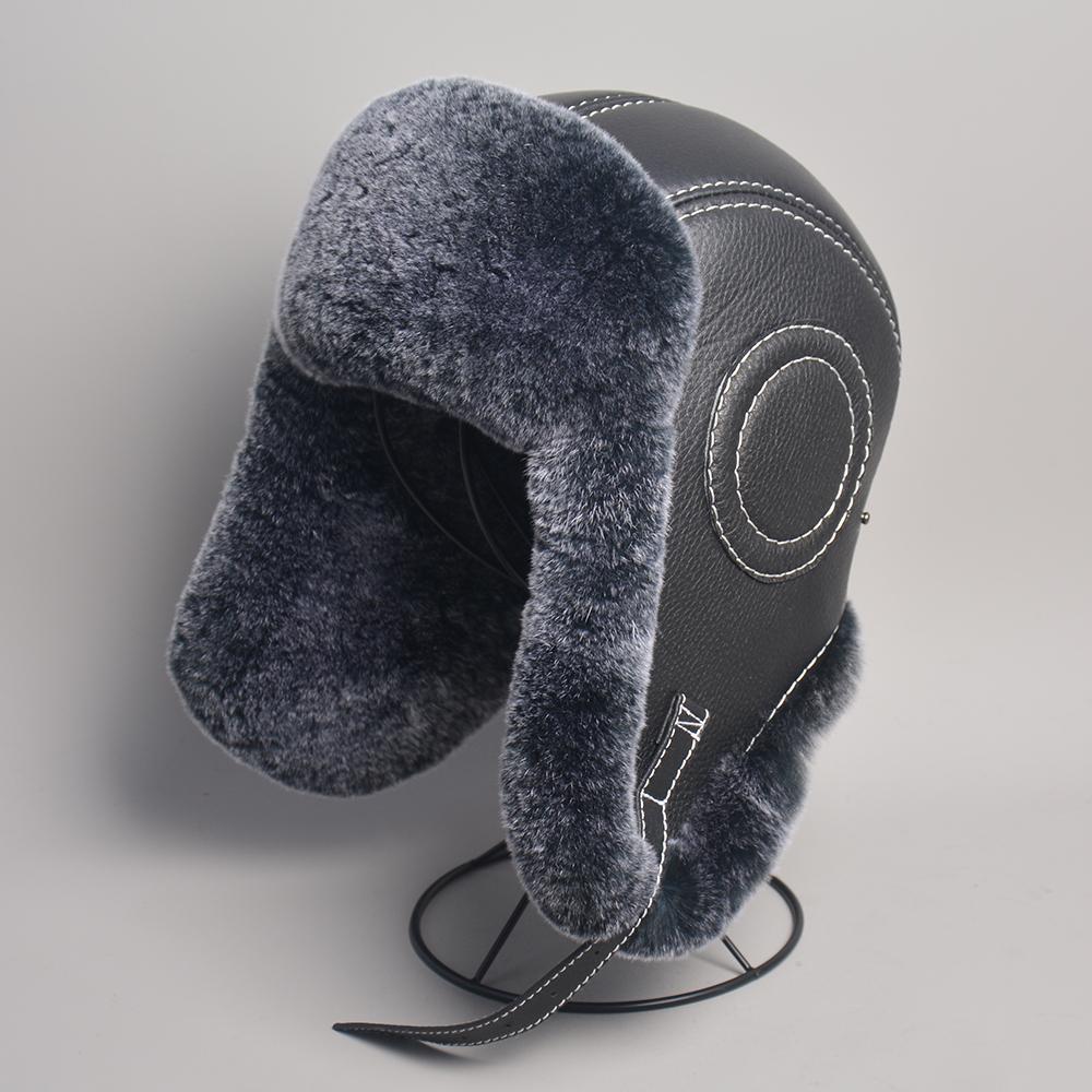 New Men's 100% Natural Rex Rabbit Fur Bomber Hats Winter Russian Man Warm Real Sheepskin Leather Hat Male Real Fur Caps