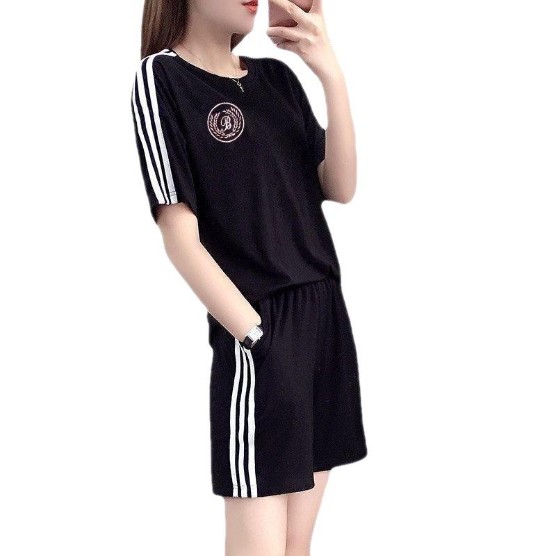 Leisure Sports Outfit - Loose-fitting Fashionable Summer Dress with Short Sleeves and Shorts. Running Suit Set In Two Pieces. Fashionable Summer Wear.
