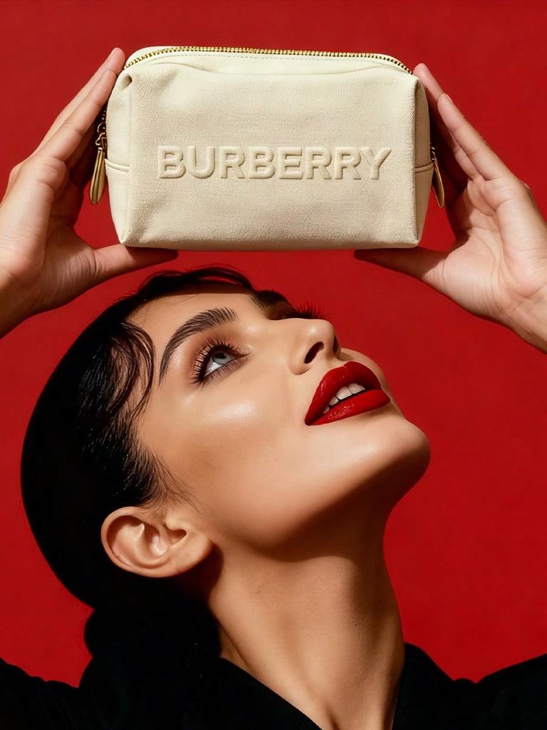 BURBERRY Beige Canvas Makeup Bag Embossed Logo Large Capacity Travel Cosmetic Wash Bag with Double Zipper for Women