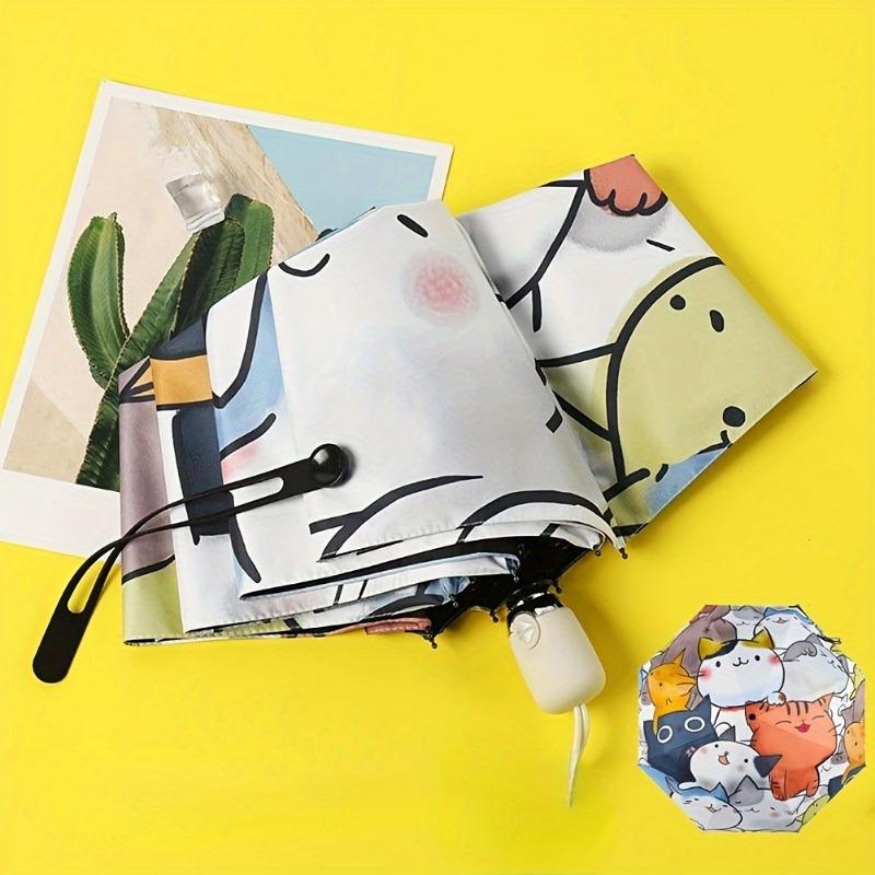 1PC foldable portable travel umbrella with comfortable silicone handle, printed with anime cat pattern, suitable for rainy and sunny days.