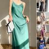 Women Mid Dress Satin Spaghetti Strap V Neck Basic Sleeveless Dress-up Backless High Waist Elegant Lady Summer Dress Women  Clothes
