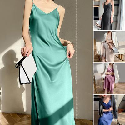 Damen Midikleid Satin Spaghettiträger V-Ausschnitt Basic Ärmellos Zum Ausgehen Rückenfrei Hohe Taille Elegant Dame Sommerkleid Damen Kleidung