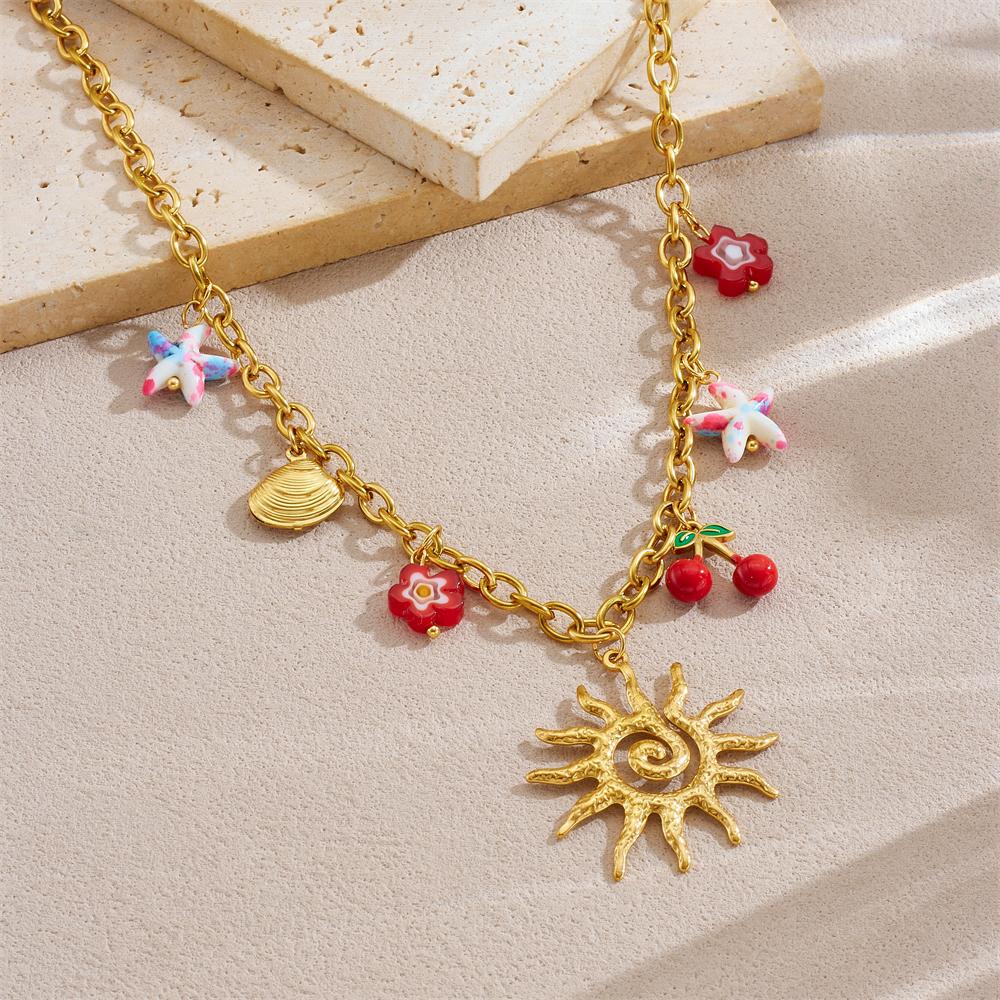 DIEYURO 316L Stainless Steel Golden Sun Totem Cherry Starfish Flower Necklace Women New Fashion Neck Chain Jewelry Party Gift