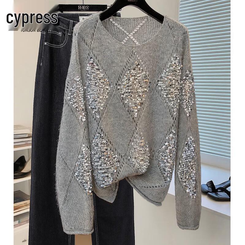 Women's Sequin Drop Shoulder Round Neck Knit Sweater