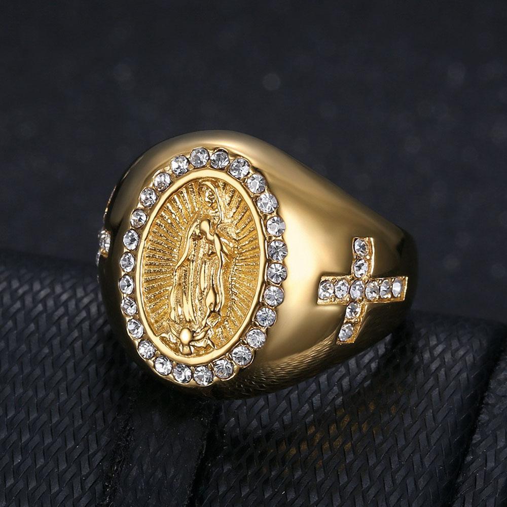 Anello da Uomo Color Oro Zirconia Cubica Nostra Signora di Guadalupe Vergine Maria Anello Religioso