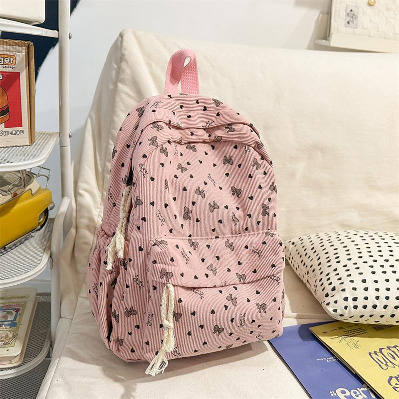 Women's Corduroy Backpack Large Capacity Bow Student Schoolbag