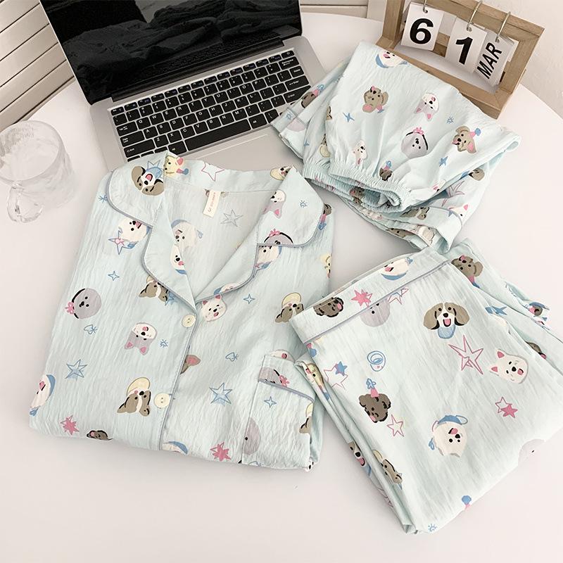 Blue Bear Women's Summer Cotton Pajama Set - Short-Sleeved, Cute Cartoon Design, Three-Piece Loungewear.