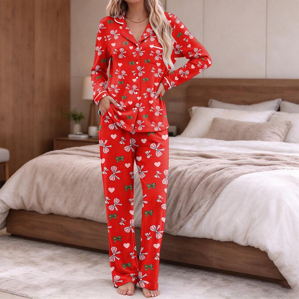 Women's Pajamas Fashion Print Long-Sleeve Button-Up Top Pocket Pants Home Casual Notched Collar V-Neck Two-Piece Set