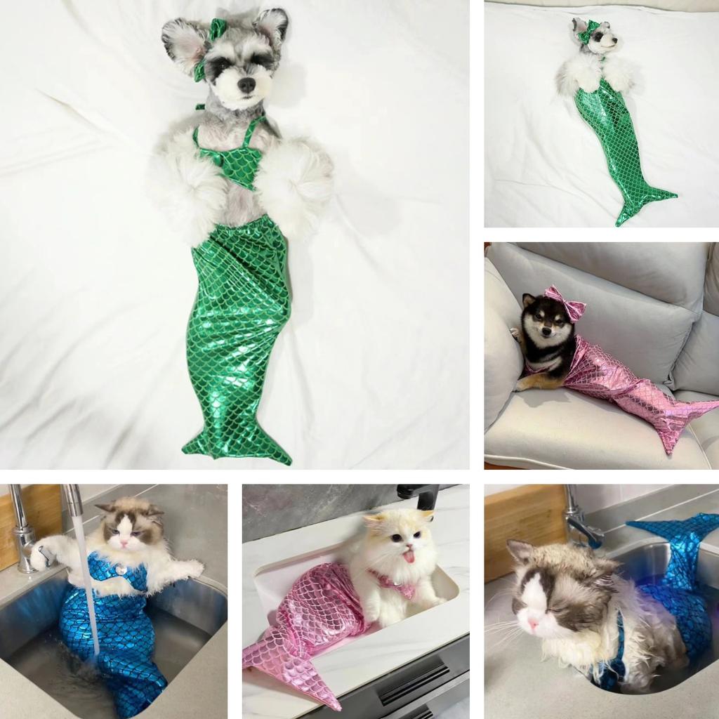 Dog Costume Pet Mermaid Bra Tail Bikini Clothing Bowknot Dressing Up Swimwear