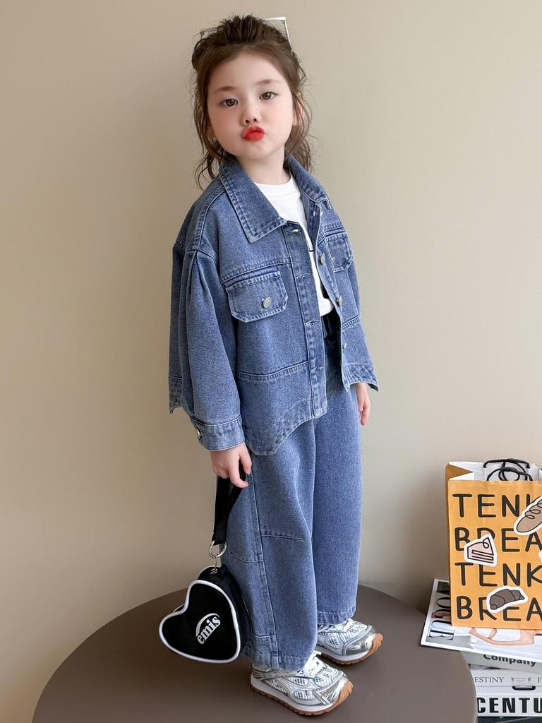 2025 Stylowy Jesienny Dżinsowy Kombinezon dla Dziewczynek - Modny Dwuczęściowy Dżinsowy Strój