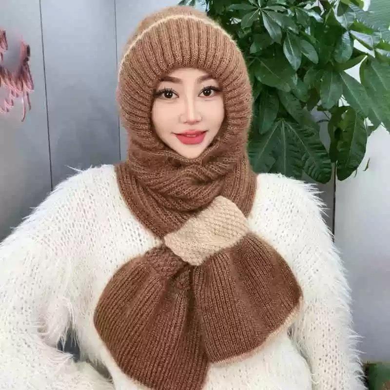Winter warm neck protection mother ear protection headgear fleece knitted snow hat scarf integrated hat women