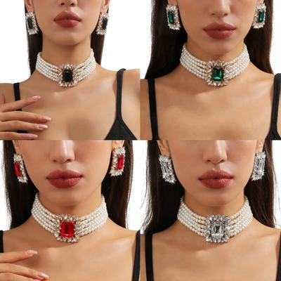 Multilayer Faux Pearls Geometric Colorful Crystal Necklace And Earrings Set For Women Elegant Jewelry Set Accessory