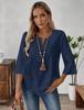 Women's V Notch 3/4 Flare Sleeve Blouse Boho Lace Embroidery Linen Casual Shirt