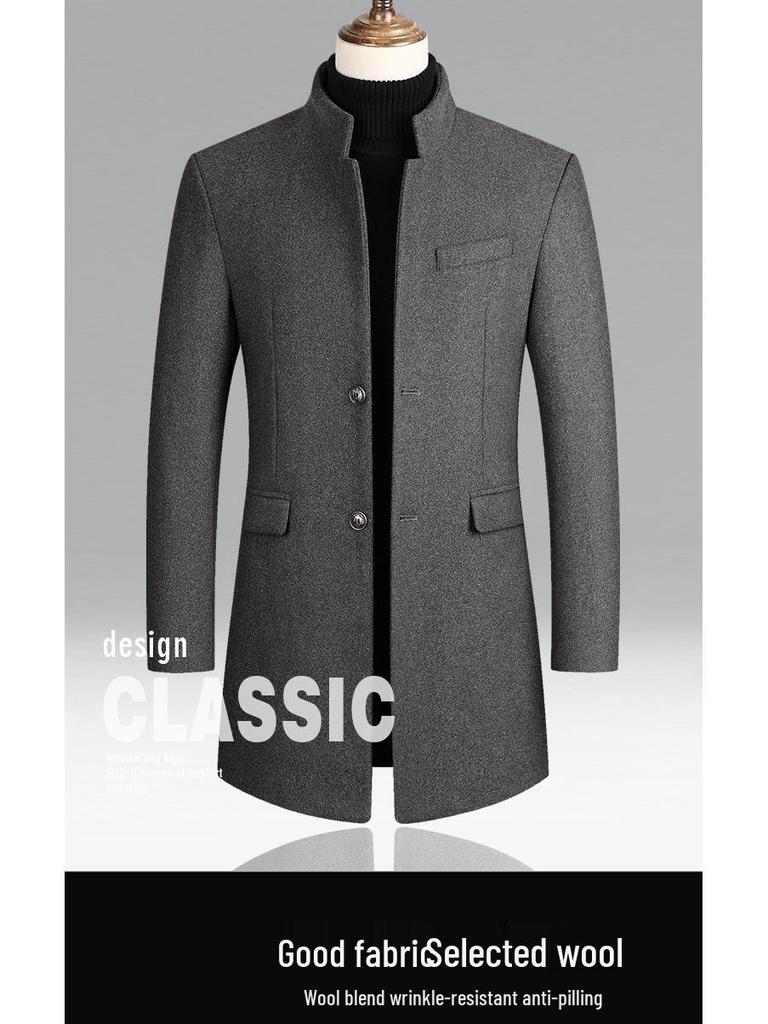 Men's Mid-Length Woolen Overcoat with Cotton Padding