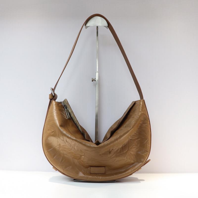 

New Cross-border Niche Design Large Capacity Women s Bag Lazy Style Simple Top Layer Cowhide Pleated Armpit Crossbody 39cm