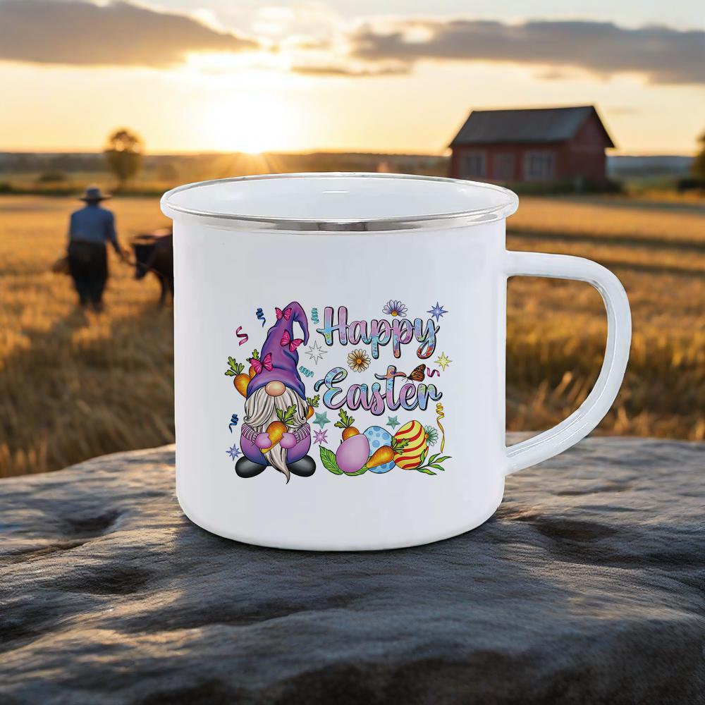 Cute Rabbit Pattern Breakfast Cups Soft Charming Color Milk Cola Mug For Camping Hiking Safe Durable UseHappy Easter Enamel Mug