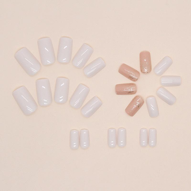 Pătrat mediu și lung, simplu, alb, cu sclipici, nail art cu sclipici de culoare caise, piese de artă pentru unghii, 24 bucăți