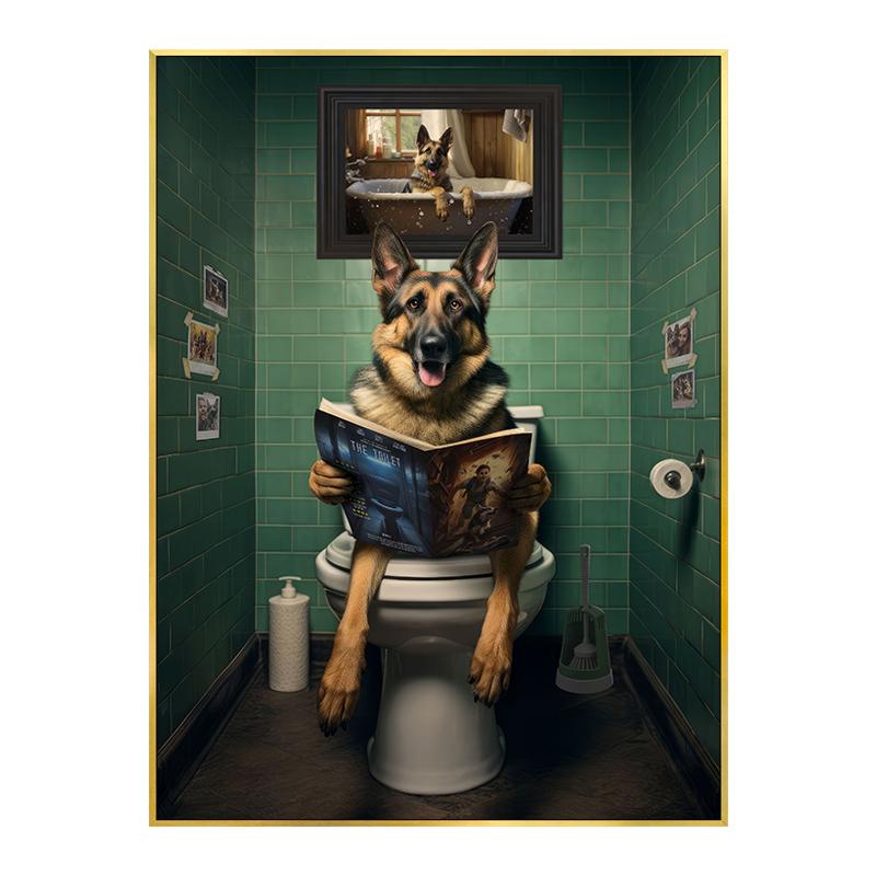 Zabawny plakat z krową szkocką, szympansem i psem Dekoracja toalety łazienki Zwierzę czytające gazetę Obraz na płótnie Sztuka ścienna Obrazy Dekoracja domu