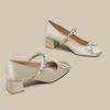 Rhinestone Square Head Fairy Wind Bow Rhinestone One-word Strap High Heels Women's Thick Heel Single Shoes Middle Heel Mary Jane Girl