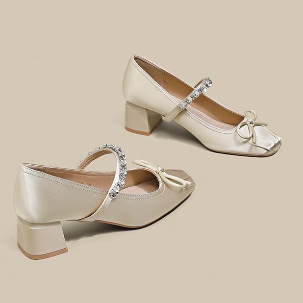 Rhinestone Square Head Fairy Wind Bow Rhinestone One-word Strap High Heels Women's Thick Heel Single Shoes Middle Heel Mary Jane Girl