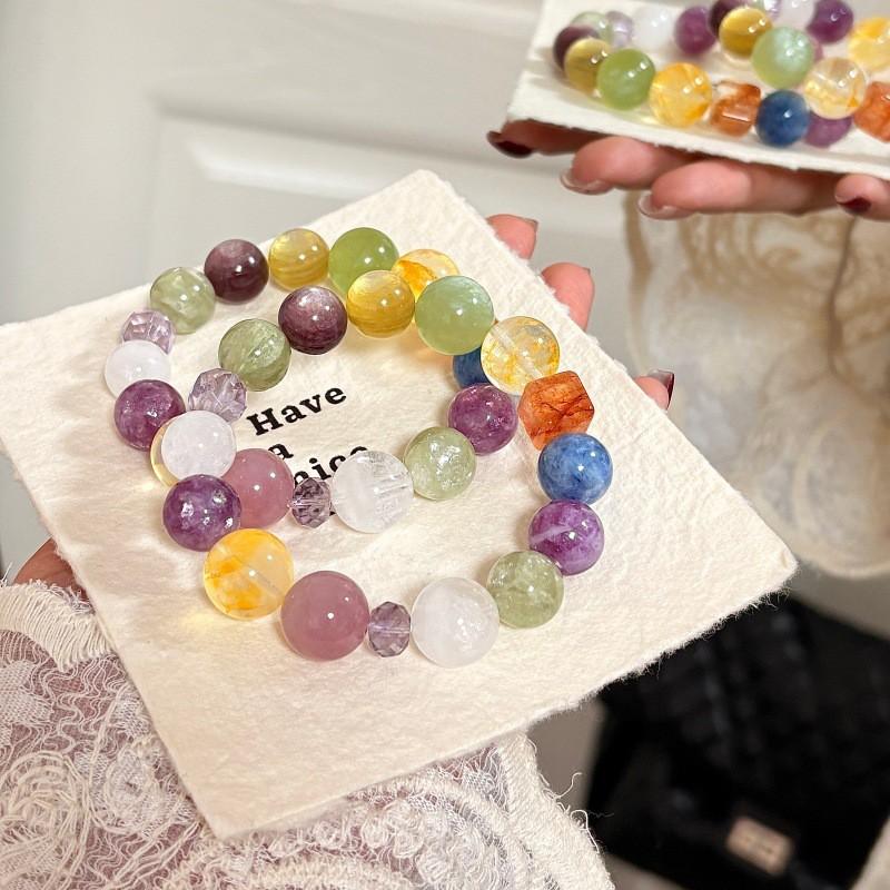 Handmade Natural Crystal Bracelet With Yellow Quartz Blue Kyanite Purple Lithium Mica Red Agate Beads Lightweight Luxury Style