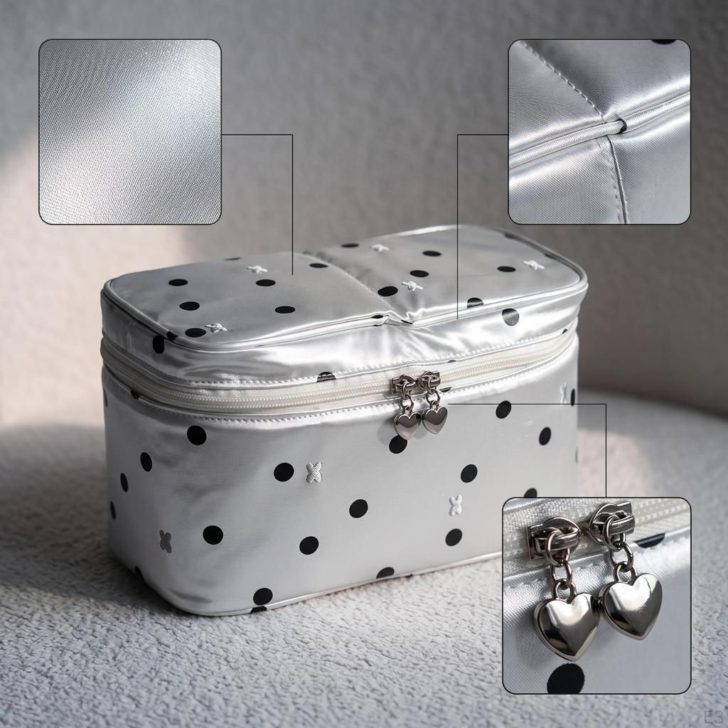 Polka Dot Cosmetic Bag with Brush Slots | Structured Box Shape, Internal Divider Sections, Makeup