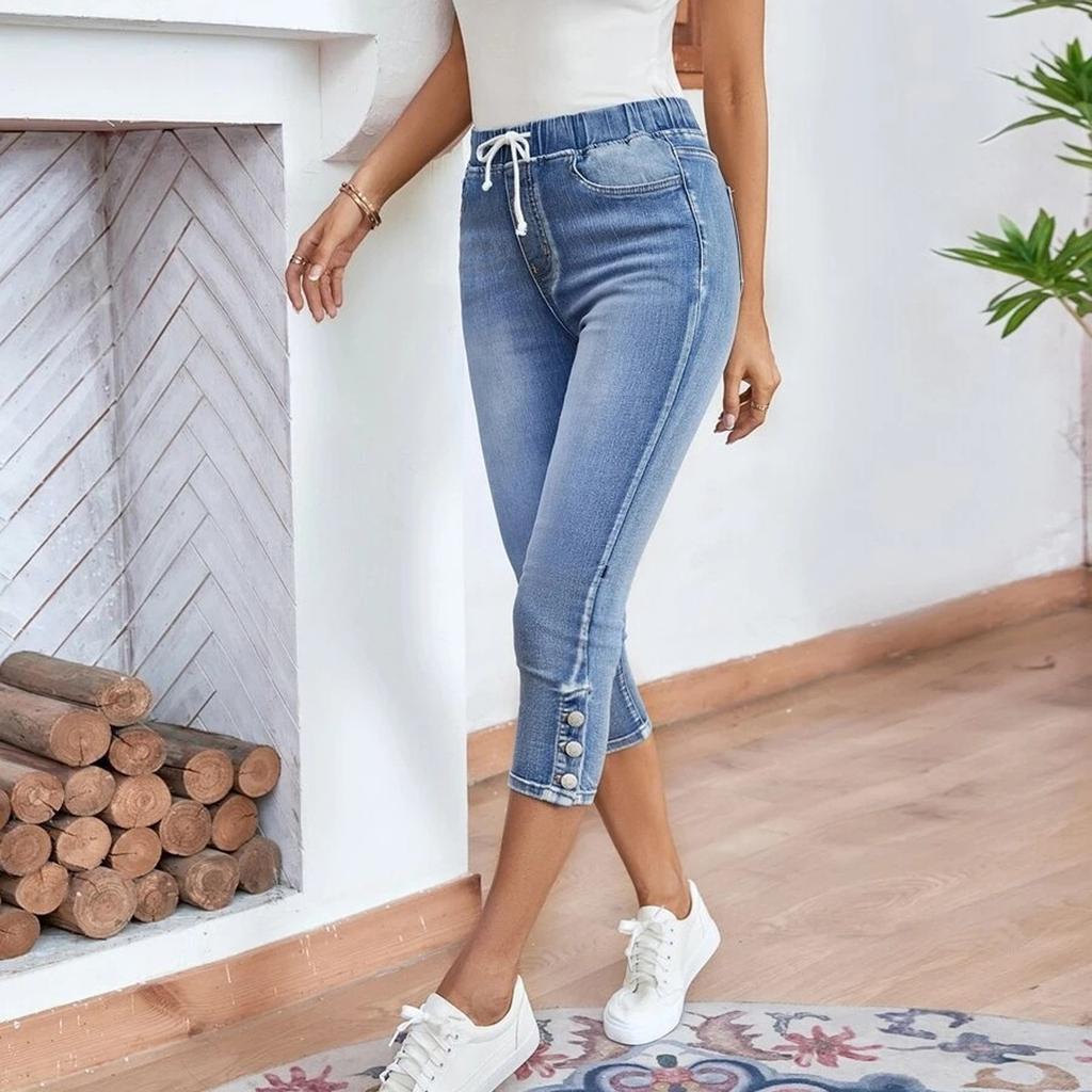 Damskie Jeansy Retro Kolor Wysoki Stan Krótkie Jeansy Sznurek Jeansowe Spodnie