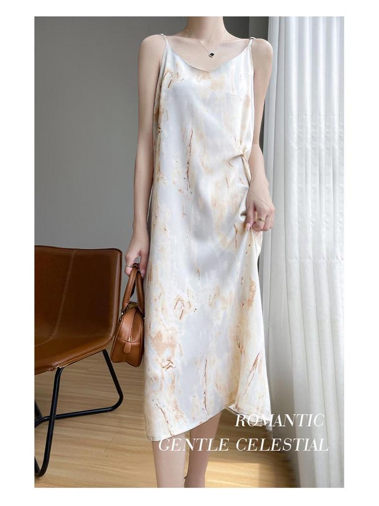 Women's Summer V-Neck Floral Acetate Satin Camisole Dress - Hip-Hugging Over-the-Knee Design