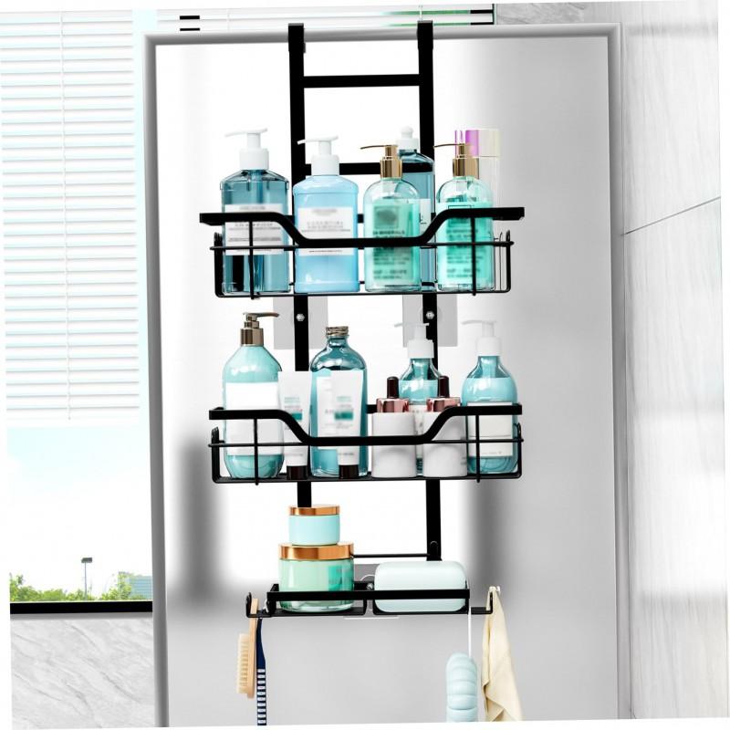 3-Tier Over-the-Door Bathroom Shelf Black Glass Door Hanging Storage Rack No-Drill Shower Caddy Towels