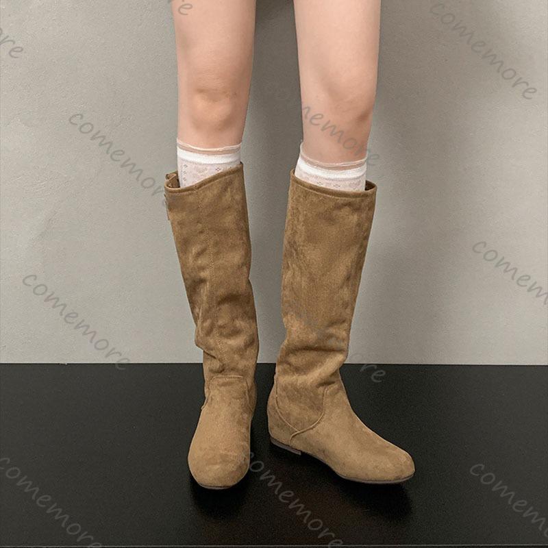 Comemore Khaki Retro Women's Long Boots Autumn Suede Solid Flat Bottom Ladies Shoes Belt Buckle Round Toe Knee High Knight Botas