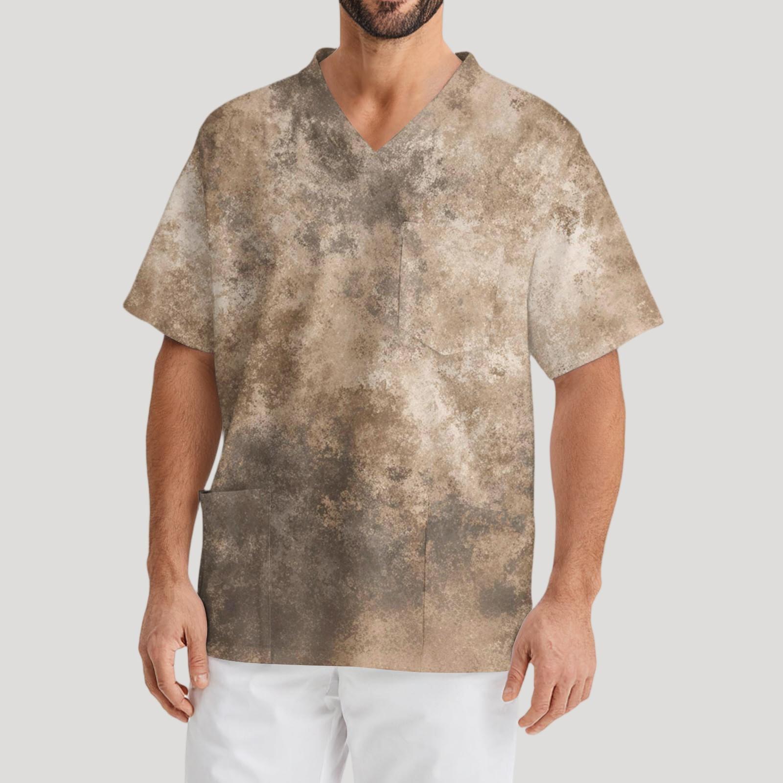 

Мужская рабочая блузка с короткими рукавами и v-образным вырезом с принтом, топ с нагрудным карманом L