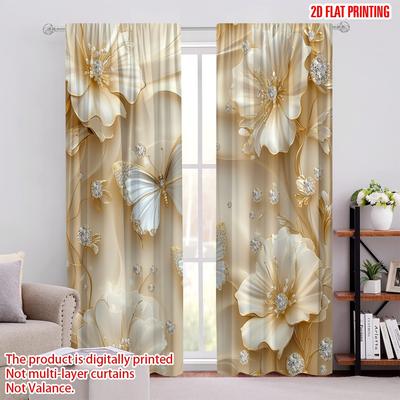 Set Of 2 Elegant Flat Printing Curtains White Flower Butterfly Digital Printed Polyester Drapes Family Party Decoration Curtain