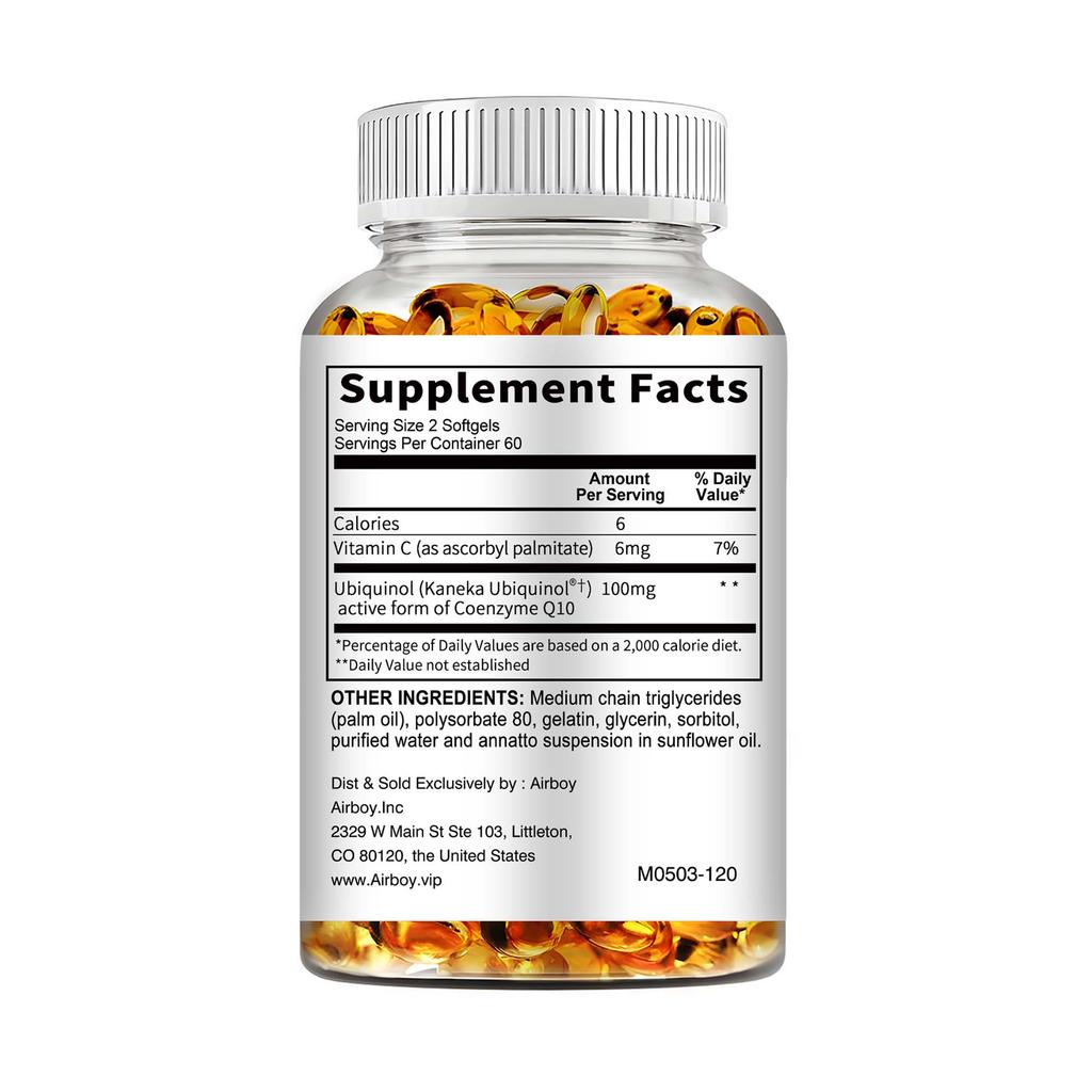 Airboy Ubichinol CoQ10 100mg Weichkapseln 120 Stück — Tägliches Wohlbefinden, Antioxidativer Schutz, Nährstoffunterstützung