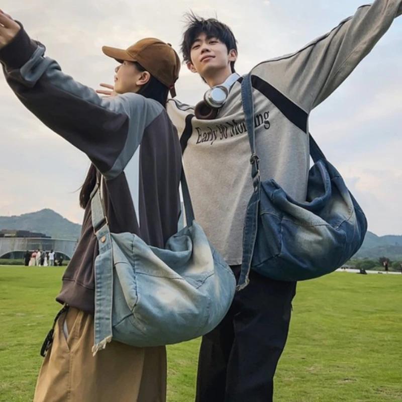 Couple's Denim Crossbody Bags  Large Capacity  Versatile Shoulder Bag  Single Shoulder Bag  Pendular Fashion  Retro Youth  Washed  Versatile  Oxford