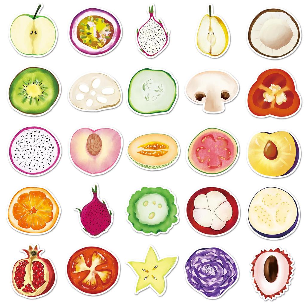 50 Fruit & Vegetable Cartoon Stickers - Waterproof Graffiti Decorative Decals (50 Sheets)