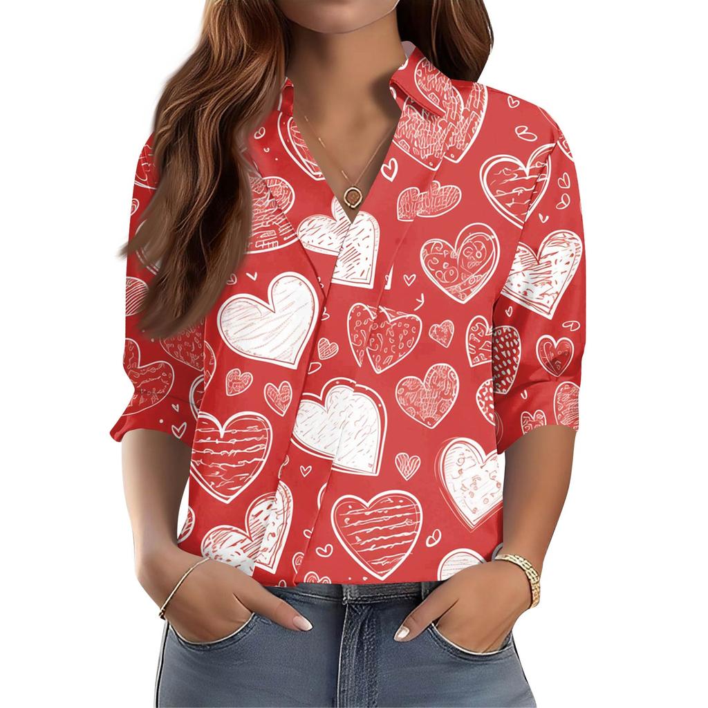 Damen 3/4-Ärmel V-Ausschnitt Hemd Bedruckte Arbeitskleidung Lässig Regulär Hemdkragen Oberteil