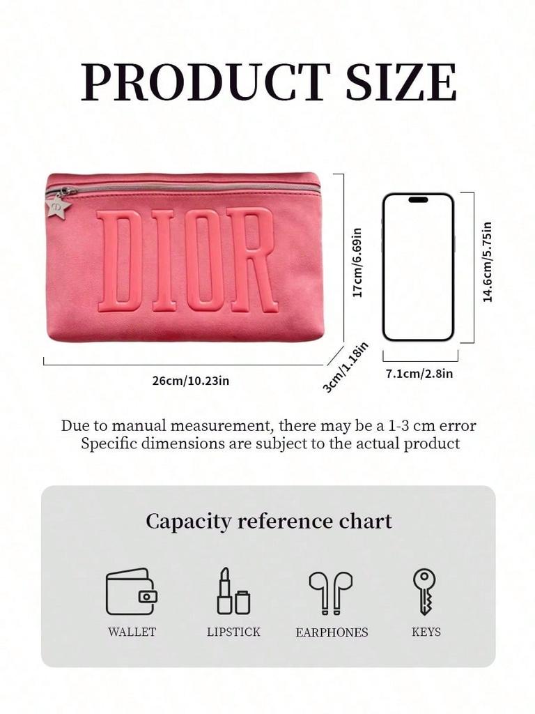 DIOR 1 Piece Pink Zipper Makeup Bag Embossed DIOR Letter Star Pendant Portable Cosmetic Pouch for Women Travel Daily Use