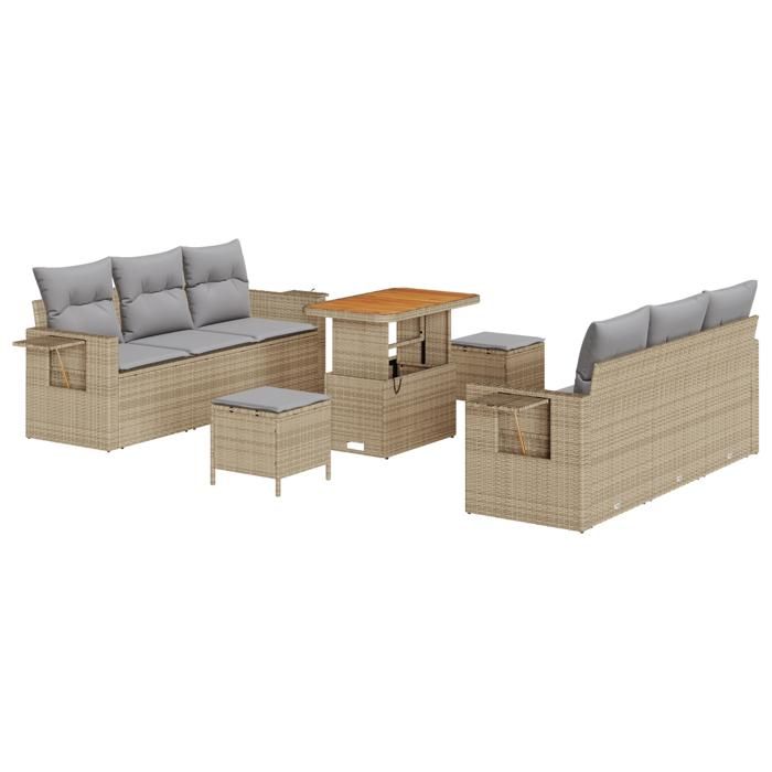Ensemble de 9 Pièces de Canapés de Jardin avec Coussins Beige Poly Rattan Acacia, Ensemble 3 Pièces de Salle à Manger 3361702