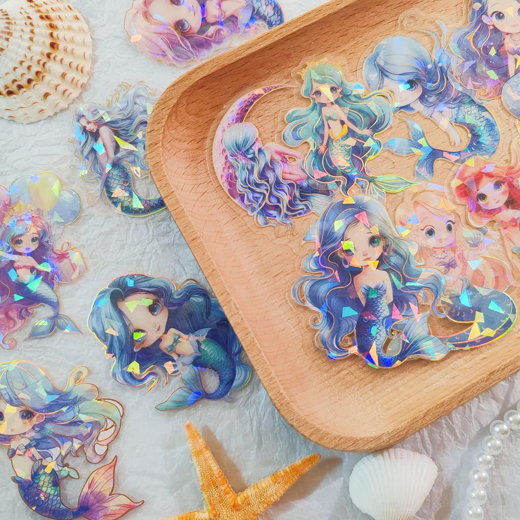 30-Pack Mermaid Decals, Cartoon Vinyl with Glitter & Holographic Effects, Self-Adhesive, Reusable, for Scrapbooking, DIY Crafts, Journaling