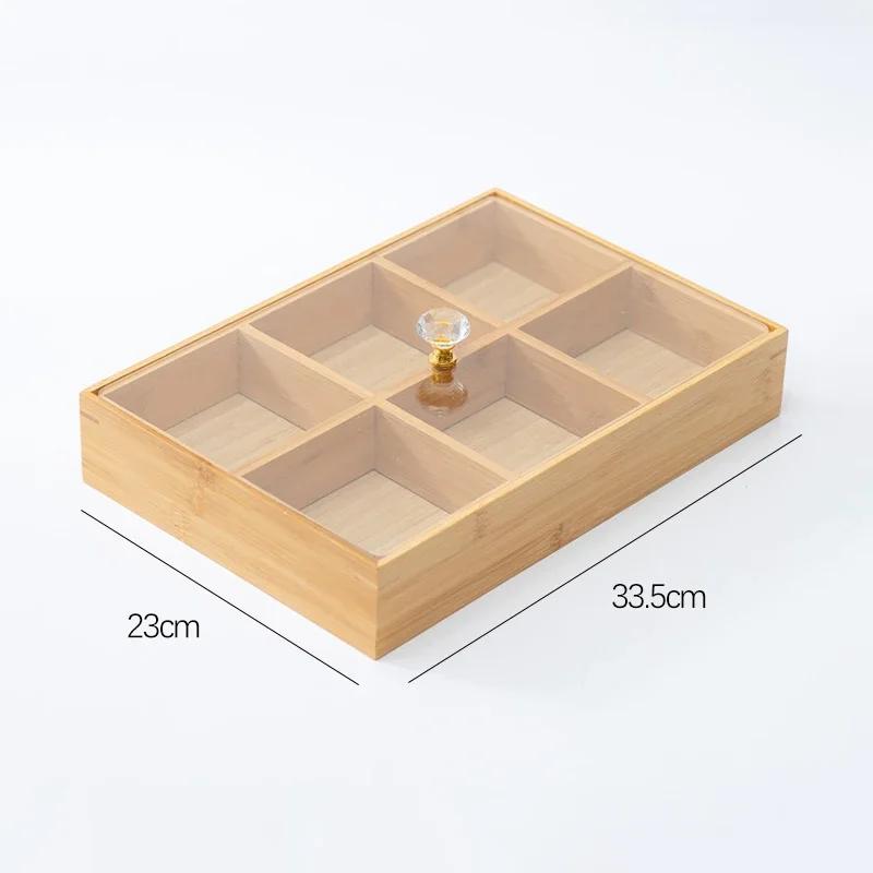 Bamboo Divided Nut Storage Tray Wooden Dried Fruit Candy Serving Trays with Lid Snack Dim Sum Platter for Parties Family