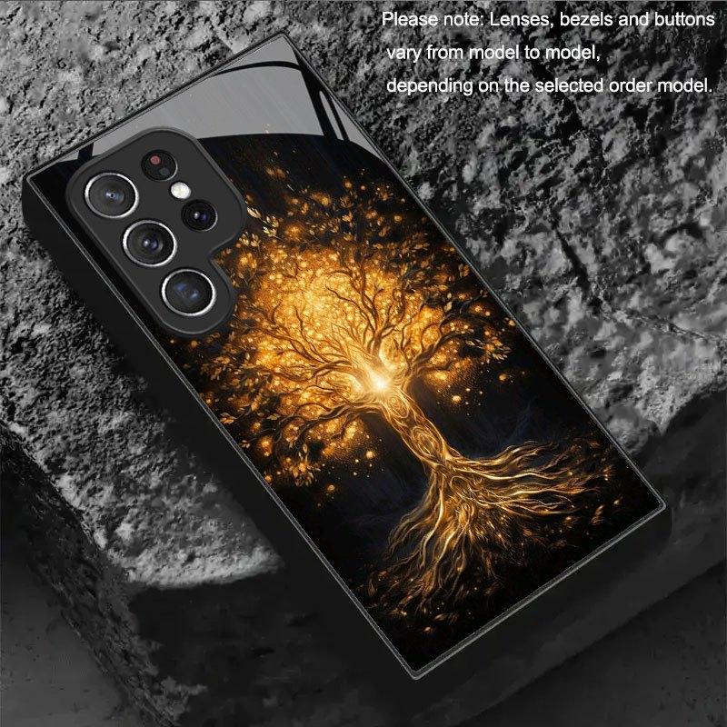 Golden Tree of Life Glass Phone Case Suitable for Samsung for Galaxy S26 S25 S24 S22 S21 S20 FE Ultra Plus5GAnti Drop Back Cover