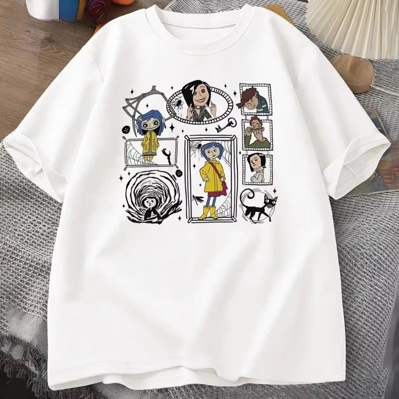 Vintage Coraline Halloween TShirt Y2k Spooky Tshirt Horror Graphic T Shirts Cotton Short Sleeve Women Clothing Male Tops Tee