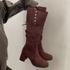 Queen Fan Black Retro Thick Heel Height Boots Women's Boots 2025 New Autumn Skinny Knight Boots
