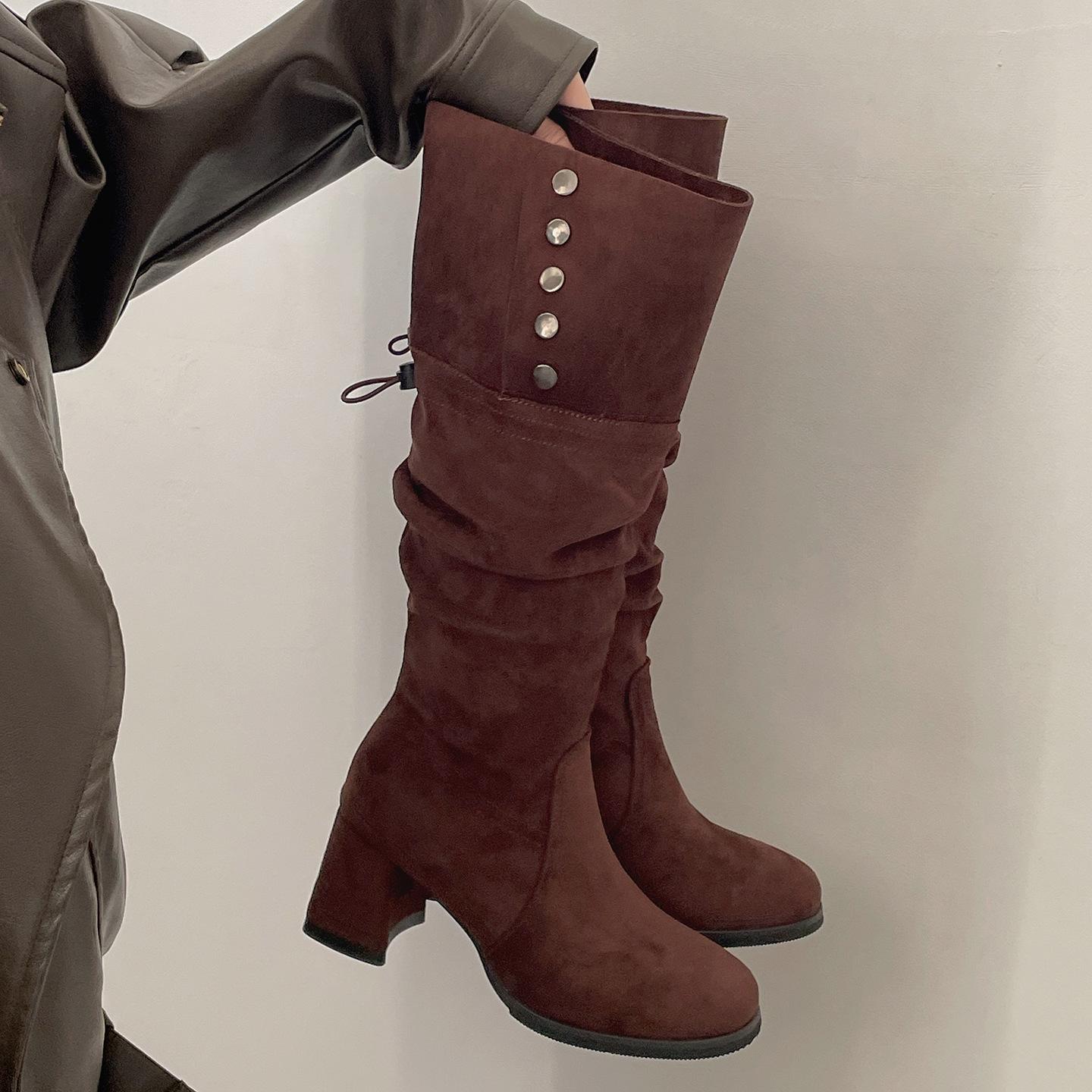 

Winter Pointed Toe Suede Women High Boots Belt Buckle Slip on Shoes Concise Thick Heel Knight Long Booties 2025 New 40 темно-коричневого