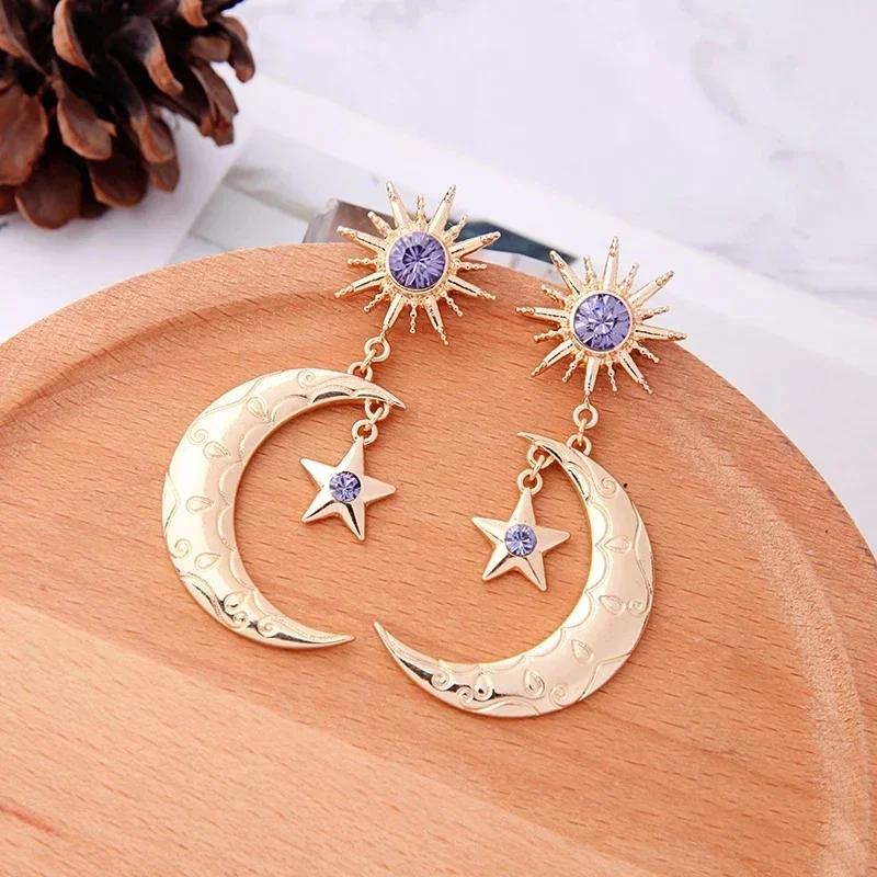 Fashion Sun Star Moon Drop Earrings Women Purple Cubic Zircon Dance Bohemia Handmade Crystal Moon Star Drop Dangle Earring