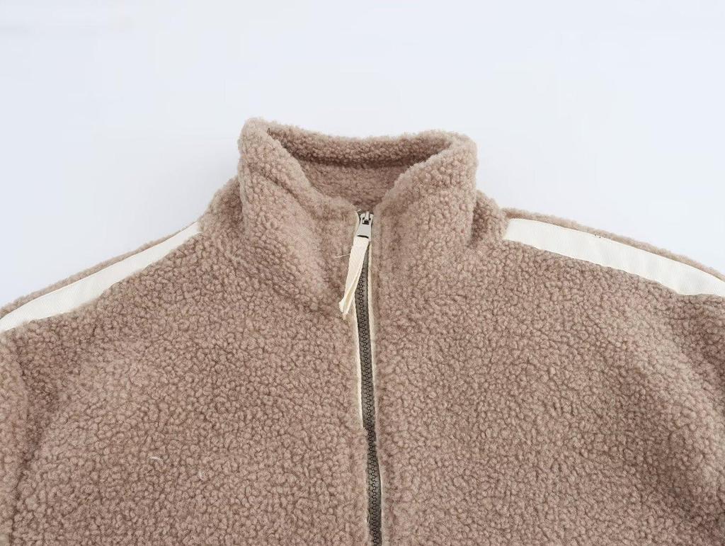 Women's 2024 Winter Camel Lambswool High Neck Zip Jacket with Side Stripe
